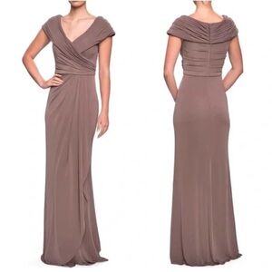 NEW La Femme Ruched Jersey Column Cocoa Gown 26519